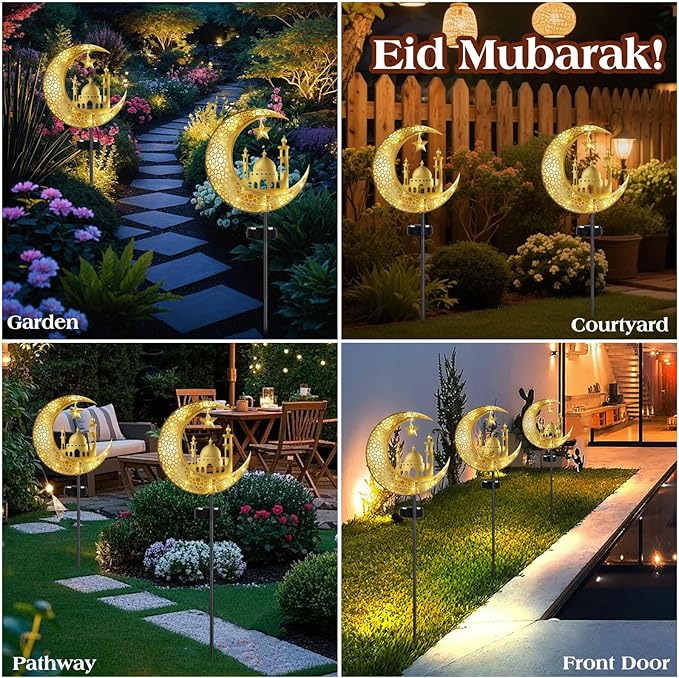Lewondr 2Pcs Ramadan Solar Lights, Ramadan Decorations Outdoor, Metal Yard Signs LED Eid Decorations Mubarak Star Moon Castle, Waterproof Solar Garden Stakes Lights for Walkway Lawn Patio Lewondr