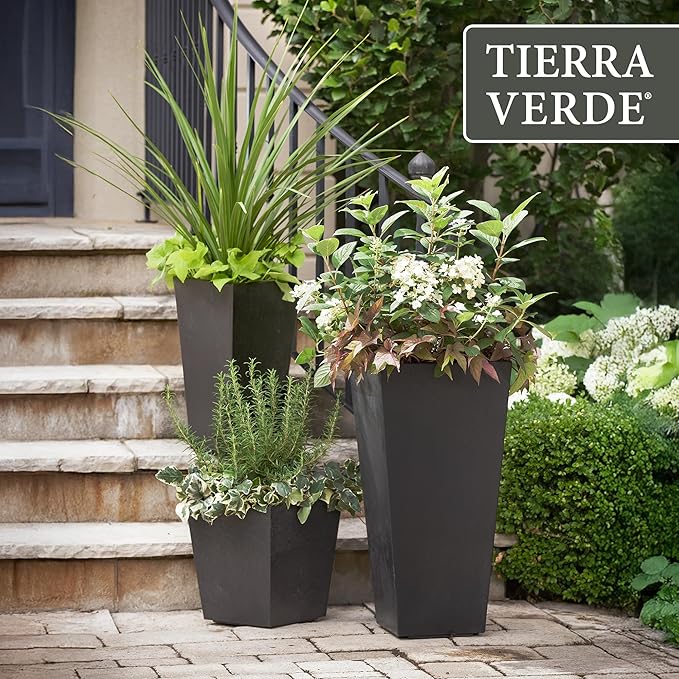 Tierra Verde 2-Pack Indoor & Outdoor Self-Watering Square Planters, Small, Sonata, Black - Planter Containers for Plants and Flowers - Gardening and Landscaping Accessories TierraVerde