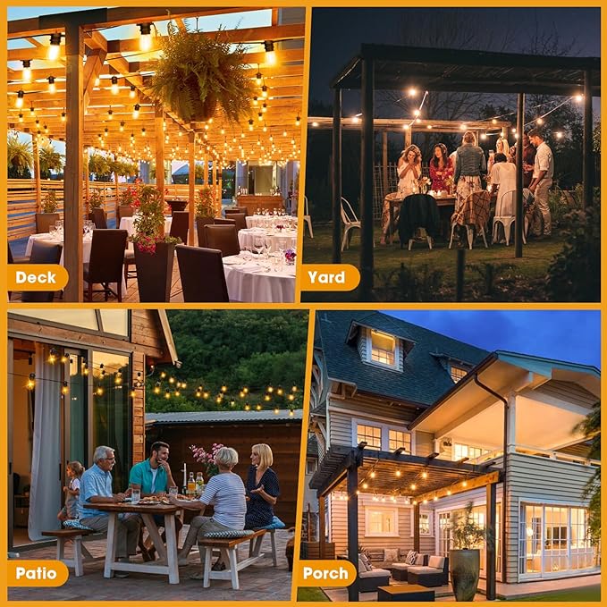 LED Outdoor String Lights 25FT with 9 Shatterproof S14 Bulbs, Waterproof for Porch, Deck, Garden, Balcony, Dimmable 2700K GvvooHome
