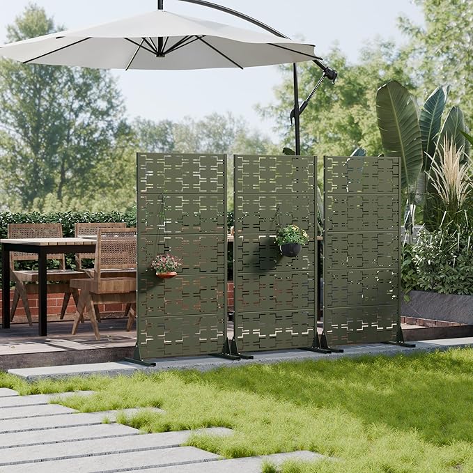 Casaphoria Metal Privacy Screen Outdoor, 60" x 30" W Freestanding Decorative Privacy Screen for Patio Deck Balcony Garden with Stable Base, Green-Brick Casaphoria