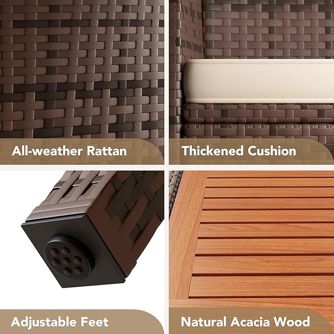 Devoko Outdoor Patio Dining Sets 9 Pieces Wicker Outdoor Dining Table and Chairs Set with Acacia Wood Table Top and Widened Armrests for Backyard, Garden, Deck (Brown) DEVOKO