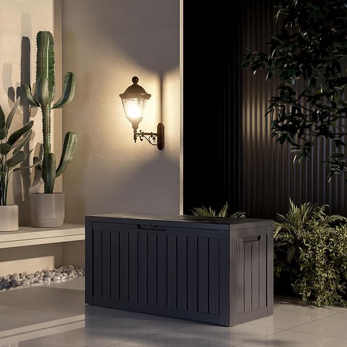 ROJIK Outdoor Storage Housing Deck Box - Waterproof Patio Furniture, Garden Tools, Cushions, Pool Accessories Storage Bench with Lockable Lid and Side Handles (Black 80 Gal) ROJIK