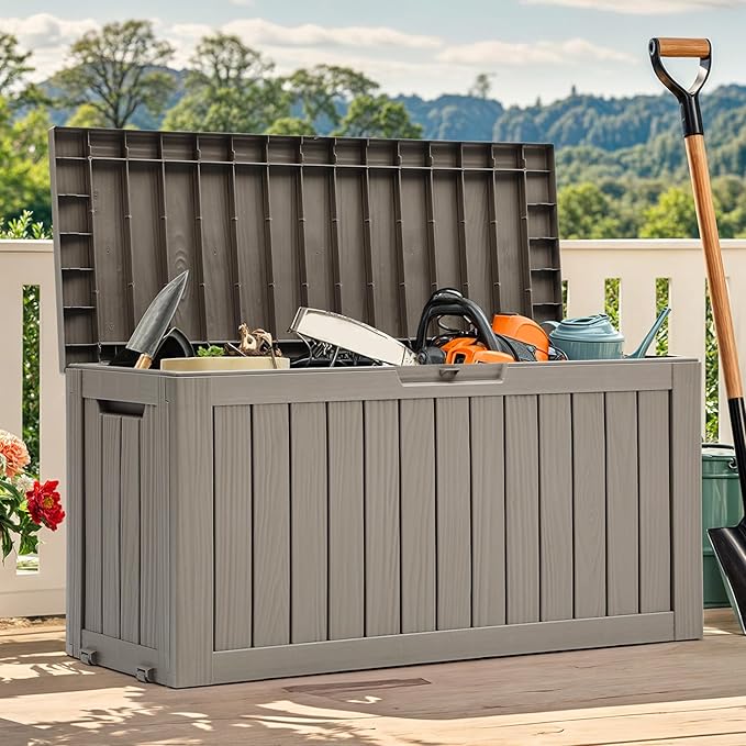 YITAHOME 72 Gallon Outdoor Resin Deck Box with Wheels, Pool Storage Box for Outdoor Cushions, Sports Equipment, Garden Tools, Light Brown YITAHOME