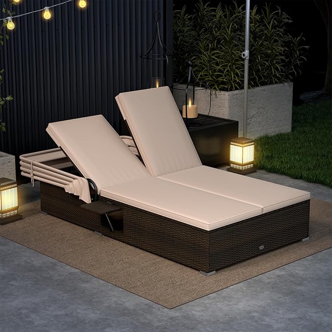 RELAX4LIFE Outdoor Daybed with Retractable Canopy - Wicker Double Chaise Lounge w/6-Position Backrest, 2 Folding Side Trays & Cushions, 2-Seater Loveseat Sunbed for Backyard, Rattan Patio Bed Lounger RELAX4LIFE