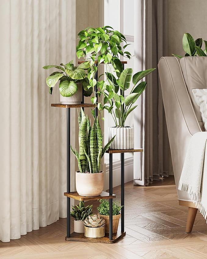 Tall Plant Stand Indoor 5 Tiered Plant Shelf for Multiple Plants Coner Shelf Stand Wood Plant Stand Metal Shelving for Living Room Bedroom Balcony Patio Brown Oak Gentingbro