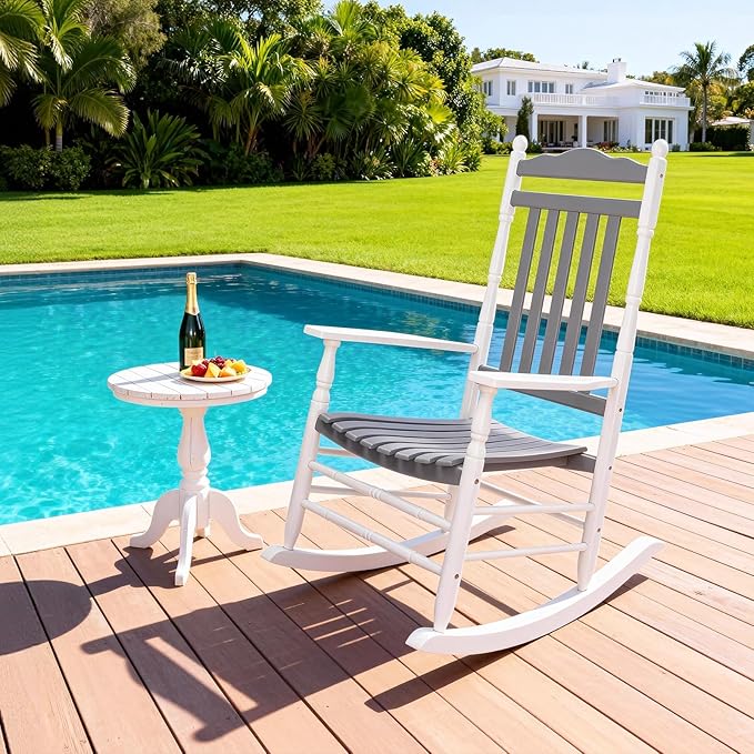VINGLI Wooden Rocking Chair, Outdoor Chair with 450 lbs Support, Relaxing Rocker with Solid Wood High Back Seat Reclining Seat for Deck, Garden, Backyard, Porch (White & Grey, 1PC) VINGLI