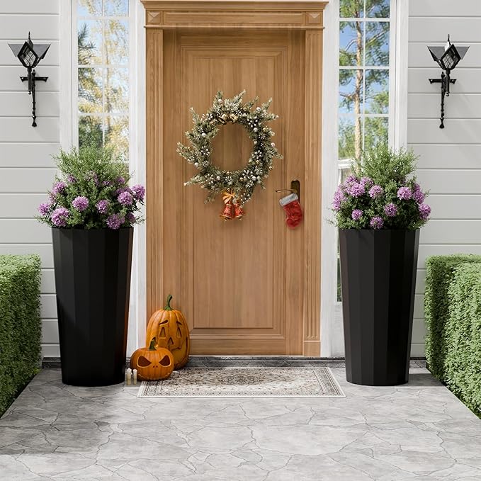 23.6" Tall Outdoor Planters Set of 2, Large Planters for Outdoor Plants for Porch Decor with Drainage Hole, Wide Stripe Design Porch Flower Pots for Indoor Pot Patio/Garden, Black Outdoorchairs