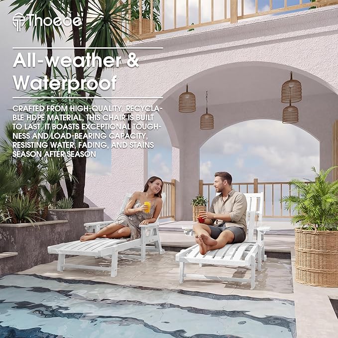 Patio Chaise Lounge Chair Set of 2, Oversized Lounge Chair Outdoor with 5 Positions, HDPE, Patio Lounge Chair with Wheels & Cup Holder for Pool, Deck, Poolside,White THOEOE