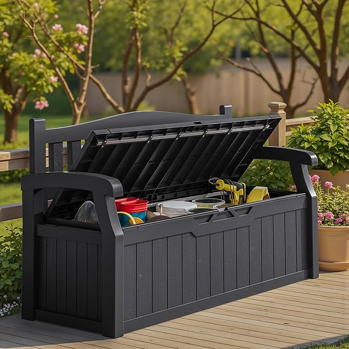 Homall 75 Gallon Outdoor Storage Benches Lockable Deck Box with Waterproof and UV Resistant, Waterproof Storage Box for Patio Furniture, Tools, Cushions (Black) Homall