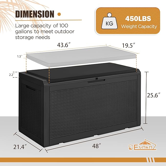Devoko 100 Gallon Waterproof Large Resin Deck Box Outdoor Storage Box Indoor Lockable Storage Container with Cushion for Patio Furniture Garden Pool Cushions (Black) DEVOKO