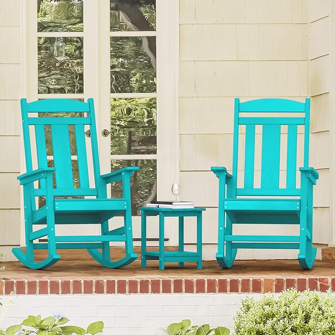 LUE BONA Rocking Chair Outdoor, Weather Resistant HDPS Plastic Rocker Chairs, 350lb Heavy Duty, Oversized Porch Rocker for Adult, High Back Smooth Rocking Chairs for Outdoor & Indoor, Aruba Blue LUEBONA