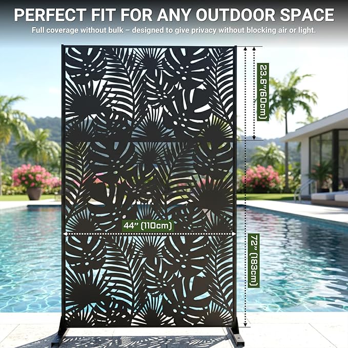 Metal Privacy Screen Outdoor โ 72in Decorative Laser Cut Steel Garden Divider Panel with Tropical Leaf Design, Weatherproof Freestanding Modern Privacy Fence for Patio, Deck, Backyard & Balcony TALLYVERUS