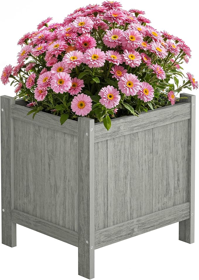 LUE BONA Outdoor Plant Pots, 13.7" x 12.5" x 14.5" HDPS Flower Pots with Drainage Holes, Outdoor Planters Boxes for Outdoor Plants - Porch Patio, Garden or Entryway, Light Gray-Oil Printed LUEBONA