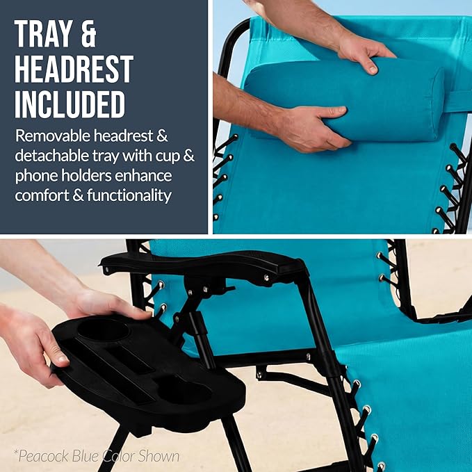 Best Choice Products Set of 2 Extra Wide Adjustable Steel Mesh Zero Gravity Lounge Chair Recliners w/Pillows and Cup Holder Trays - Peacock Blue Stripes BestChoiceProducts
