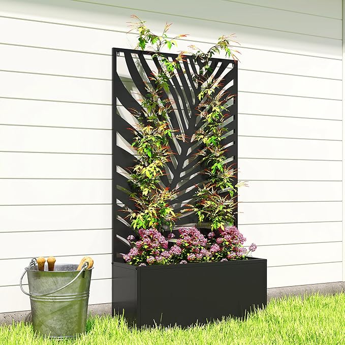 Outsunny Metal Raised Garden Bed with Trellis for Climbing Plants, Freestanding or Wall Mounted Flower Bed with Privacy Panel, Large Leaf Cut-Out Outdoor Planter Box for Garden, Patio, Balcony Outsunny