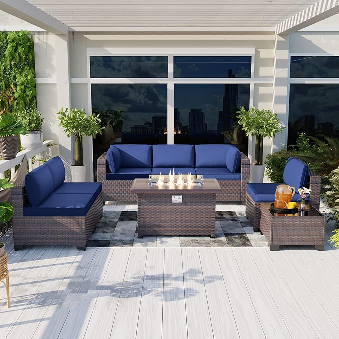 Kullavik 8 Pieces Outdoor Patio Furniture Set with 43" 55000BTU Gas Propane Fire Pit Table PE Wicker Rattan Sectional Sofa Patio Conversation Sets,Navy Blue KULLAVIK