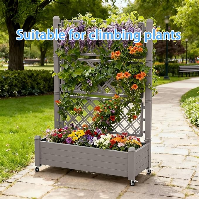 Mobile Garden Planter with Trellis & Lockable Wheels, Outdoor Raised Bed with Drainage & Water Gauge, Weather-Resistant Resin for Patio, Balcony, Yard, Dust-Resistant (Grey, 43.43*18.27*64.29) EASYUP