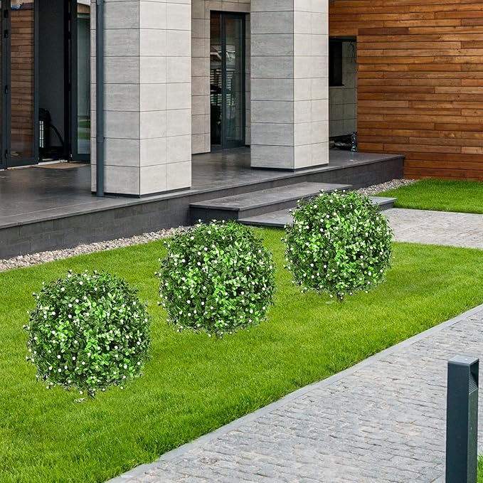 Artificial Topiary Bushes for Outdoors with Spike, Boxwood Ball Fake Shrubs UV Resistant Faux Plants for Indoor Outdoor Fall Thanksgiving Halloween Decor (Gypsophila Boxwood White-2 Packs) FAJUNZH