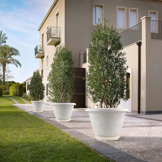 Plastic Flower Pots Planters for Indoor Plants, 4 Pack 16 Inch White Plant Pots with Drainage Hole & Tray, Modern Decorative Large Plant Pot with Saucer for Indoor Outdoor Plants Garden House Planter Fodetyff