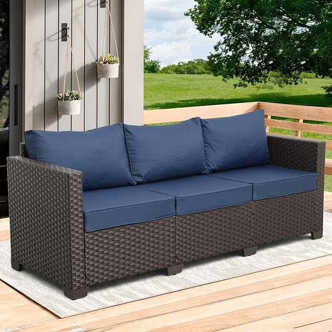 Rattaner 3-Seat Patio Wicker Sofa, Outdoor Rattan Couch Furniture Steel Frame with Furniture Cover and Deep Seat High Back, Blue Anti-Slip Cushion. Rattaner