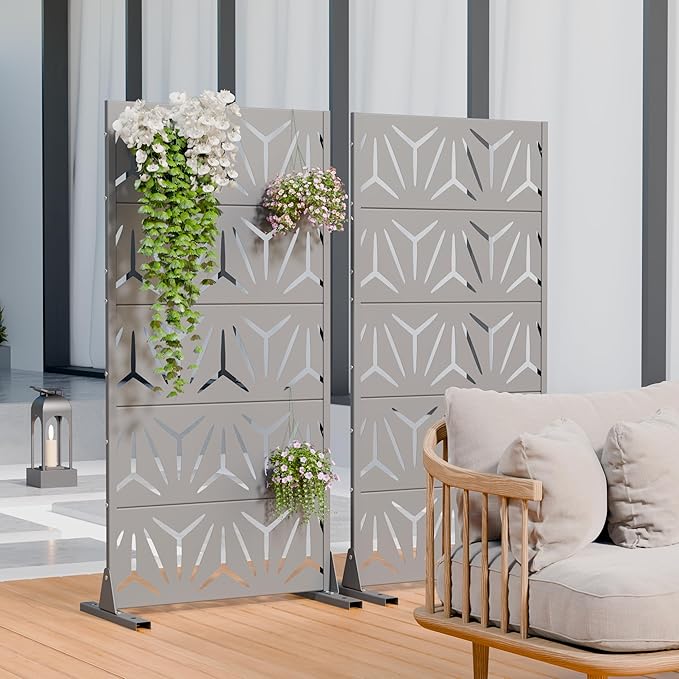 Casaphoria Metal Privacy Screen Outdoor, 60" H x 30" W Freestanding Decorative Privacy Screen for Patio Deck Balcony Garden with Stable Base, Grey-Star Casaphoria