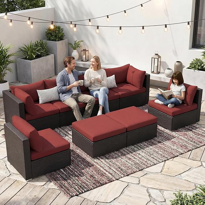 NICESOUL 29.3'' High Back Wicker Patio Furniture Set for 8 Person, Extra Big Outdoor Modular Sectional with Ottoman, Deep Seated Relax Conversation Sets for Backyard Deck, Brown and Red NICESOUL