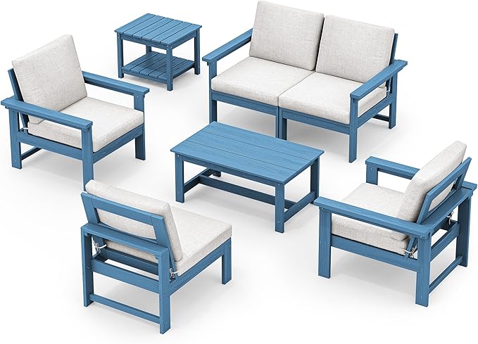 SERWALL HDPE Patio Furniture Set, 7-piece Outdoor Sectional Sofa Set, All Weather Outdoor Couch Set for Deck, Lawn, Blue Frame with Khaki Cushion SERWALL