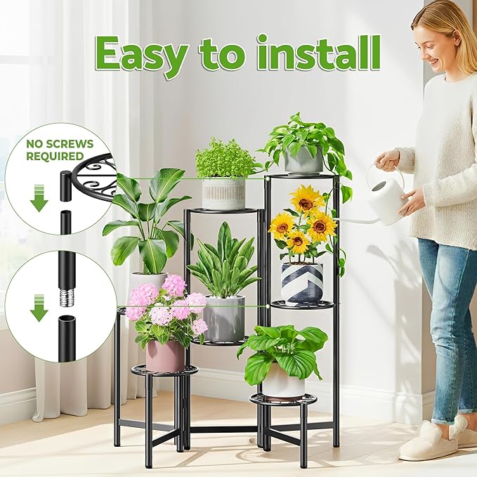 Plant Stand Outdoor,7 Tier Foldable Corner Tall Plant Shelf for Multiple Plants Flower Pot Holder Display Stand for Living Room Balcony Garden Patio -BlackS Rootora
