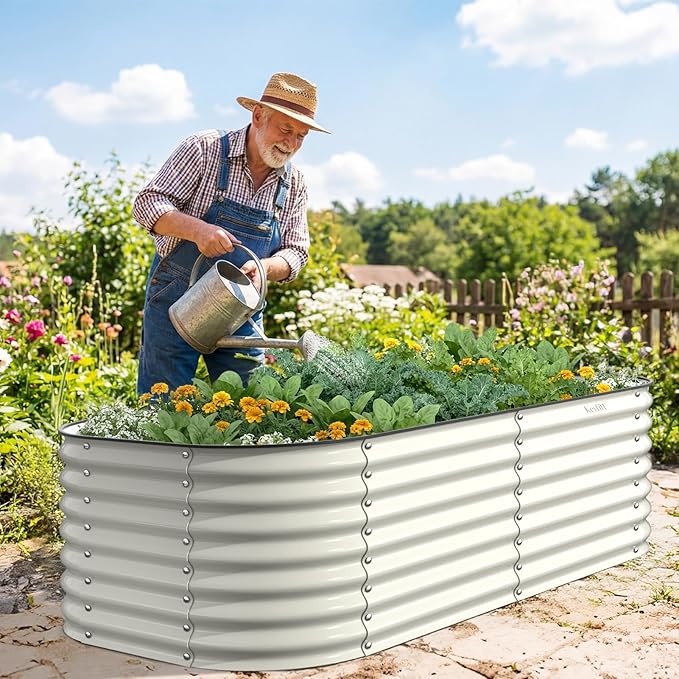 Kesfitt Raised Garden Bed Outdoor, Galvanized Steel Metal Raised Bed Planter for Vegetables, 24-Inch Deep Open Bottom Backyard Garden Bed 6x3x2 ft, Pearl White Kesfitt