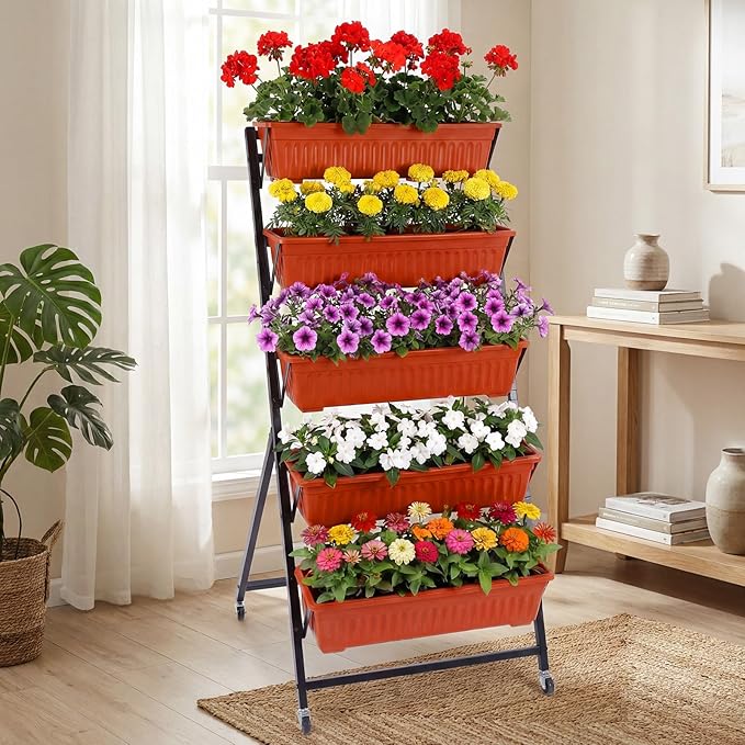 2 Pack 5-tier Vertical Garden Planter 4.5 ft Tall Raised Garden Bed with Lockable Wheels & Drainage, Removable Elevated Herb Vegetable Flower Planter for Patio Deck Indoor Outdoor(Brick Red) Briwooody