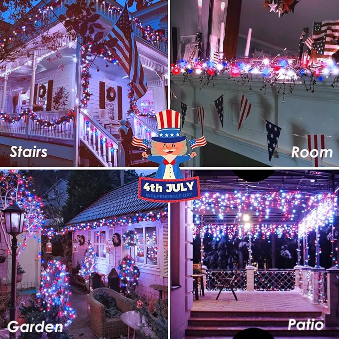 4th of July Decorations Red White and Blue Lights, 200 LED 66FT String Light Plug-in, 8 Modes 4th of July Lights for Indoor Outdoor Independence Day Memorial Day American Flag Patriotic Holiday Decor SANJICHA