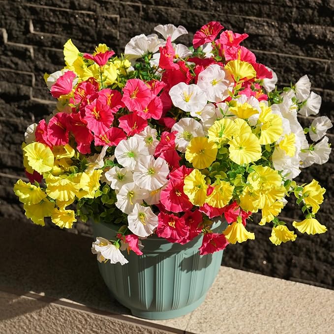 Artificial Flowers for Outdoors, UV Resistant Fake Silk Morning Glory, Realistic Faux Plants for Outside Porch Patio Window Box Hanging Planter (16, Yellow) maxkes