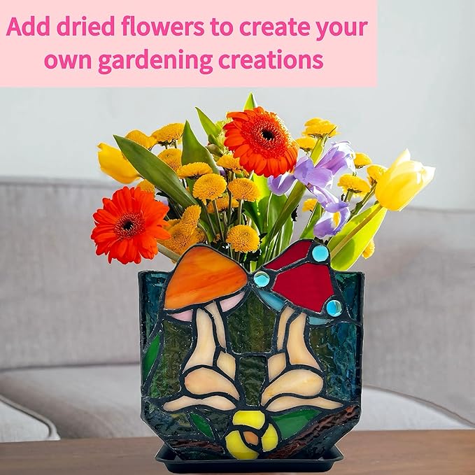 Mushroom Lady Body Plant Pots,Flower Pot with Drainage Hole, Stained Glass Mushroom Lady Yoga Pose Decoration Planter,Unique Cute Face Head Space Decoration Aesthetic 4.6x3x5.15 in Entlityful