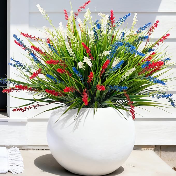 Artificial Faux Plants for Outdoor Spring Decoration, 12 Pcs Fake Monkey Grass for Garden Porch Balcony Planters, Fake Flowers Shrubs UV Resistant No Fade Plants Greenery Bush (Red Blue White) Ammyoo