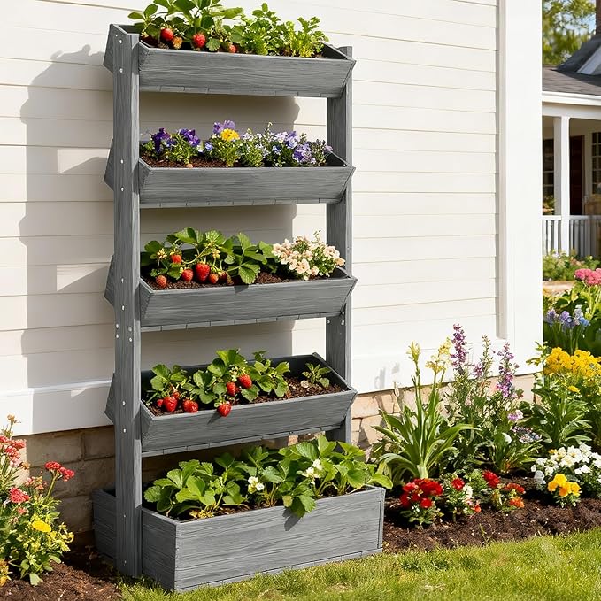 SUNYRISY 5 Tiers Vertical Raised Garden Bed Outdoor Planter Tower, Wooden Freestanding Planter Box for Planting Herbs Flowers Vegetables Patio Balcony Indoor Outdoor Gardening, Grey SUNYRISY