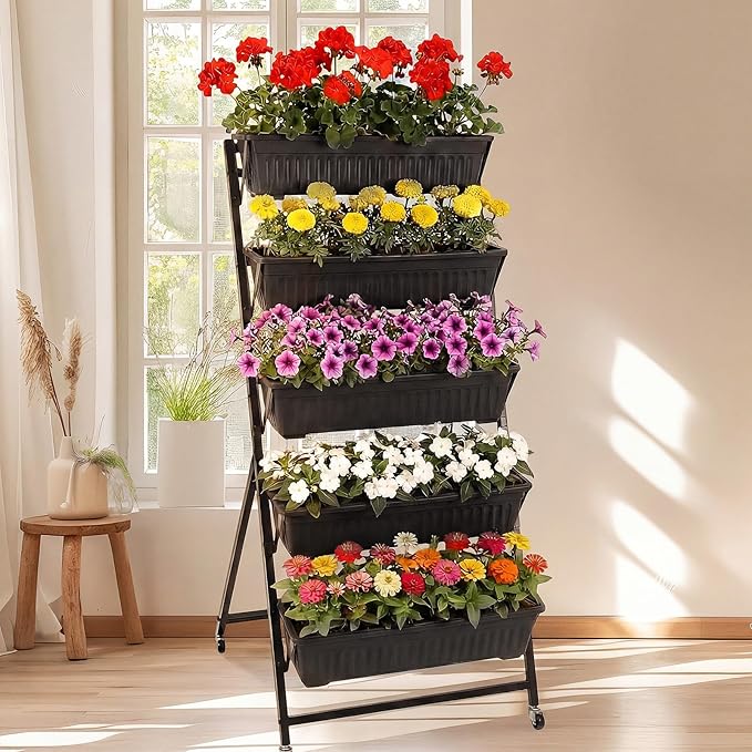 2 Pack 5-Tier Vertical Garden Planter 4.5 ft Tall Raised Garden Bed with Lockable Wheels & Drainage, Removable Elevated Herb Vegetable Flower Planter for Patio Deck Indoor Outdoor(Black) Briwooody
