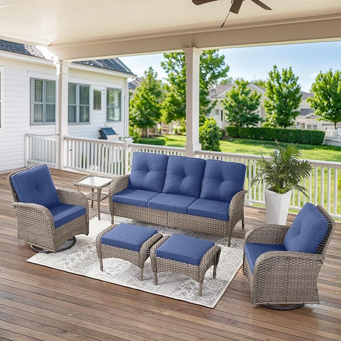 Belord Outdoor Ottomans for Patio Foot Rest - 25 Inch PE Wicker Foot Stool Set of 2 with Removable Cushions for Patio Furniture Sets,All Weather Rattan Ottoman for Balcony Deck Backyard Brown Belord