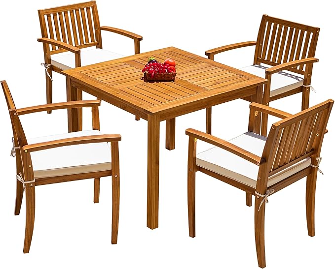 Flamaker 5 Piece Outdoor Dining Set Acacia Wood Patio Table and Chairs with Soft Cushions Patio Furniture for Deck, Backyard, Garden Flamaker