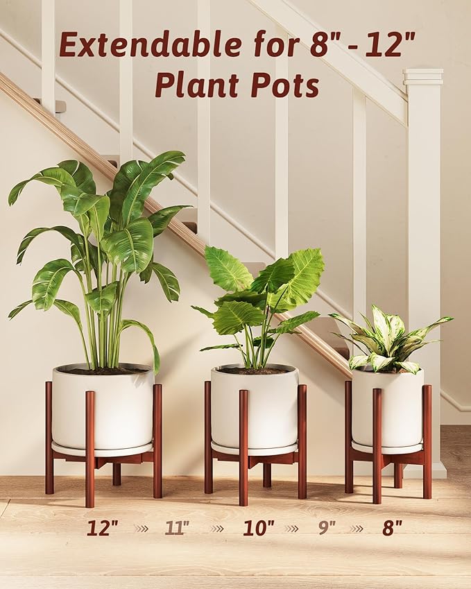 Adjustable Plant Stand Indoor, Bamboo Plant Stand Fits 8 9 10 11 12 Inches, Small Corner Planter Holder for Indoor Plants, Single Floor Plant Stands for Living Room Balcony, Reddish Brown Gentingbro