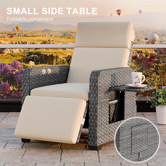 Restland Outdoor Recliner with Independent Adjustable Back & Footrest Wicker Patio Reclining Chair with Flip Table Comfortable Lounge Chair & Thick Cushion for Deck, Porch (Beige) Restland