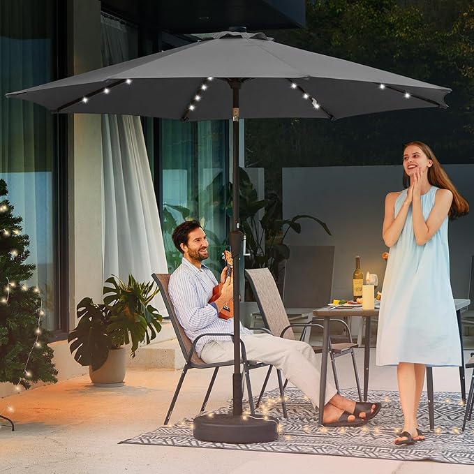 JEAREY 9FT Outdoor Patio Umbrella with Solar Lights, LED Lighted Pool Umbrella with Tilt and Crank, Outdoor Table Umbrellas for Deck, Yard & Market (Dark Gray) JEAREYOutdoorsCollection