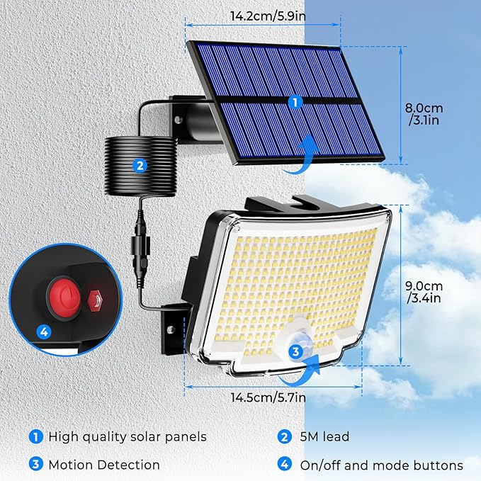 Peasur 6 Pack Solar Motion Lights Outdoor, 318 LED Solar Security Light with 3 Modes, IP65 Waterproof Powered Flood Lights for Outside Garden Patio Garage Yard Backyard Peasur