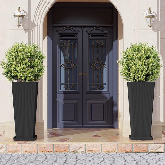 Tall Planters for Outdoor Plants Set of 2, 23.6" Large Taper Flower Plant Pots with Drainage Hole and Drainage Trays, Weather-Resistant Plastic planters for Patio, Porch, Garden, Black Rootora