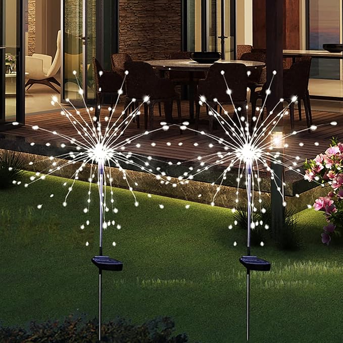 Solar Garden Firework Lights Outdoor Waterproof, 2 Pack Solar Powered Art Stake Twinkle Lighting for Outside Decor, 120 LED Sparklers String Lights for Yard Pathway Decorations(White) SolarEra-FREETOSHINE