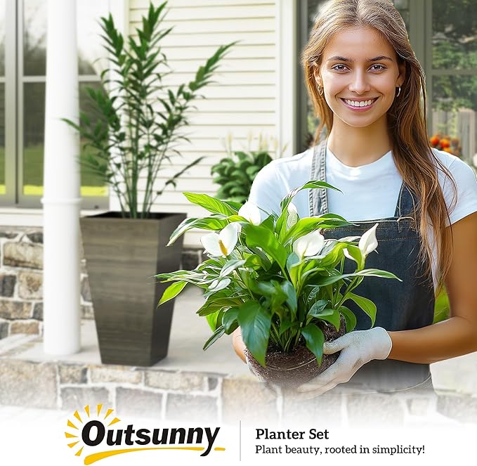 Outsunny Tall Planter for Outdoor Plants Set of 3, 28 Inch Taper Planter with Drainage Holes, Wood Grain Decor Garden Pot for Indoor Outdoor Porch Patio Backyard, Dark Brown Outsunny