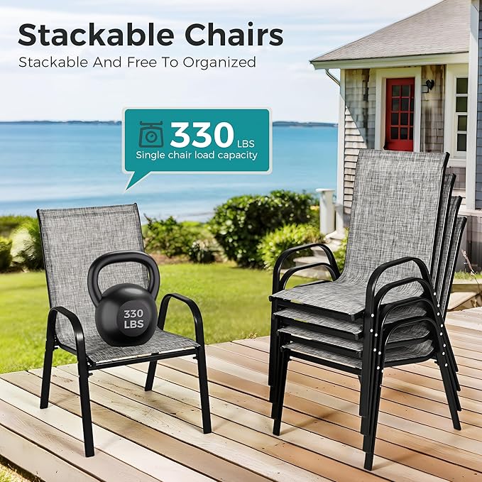 Pamapic Outdoor Dining Sets for 6, Rectangular Steel Slat Table with 6 Textilene Chairs, 7 Piece Patio Table and Chairs Set with Umbrella Hole for Patio, Garden, Backyard and Poolside (Grey) Pamapic