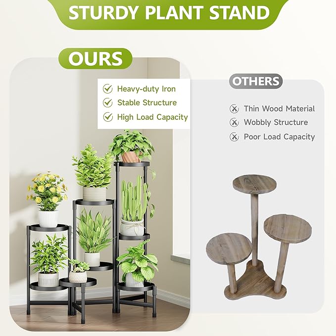8 Tier Plant Stand Indoor, Tiered Plant Stand Outdoor for Multiple Plants, Corner Plant Shelf for Patio Balcony Porch Garden Living Room House, Black Cawukege