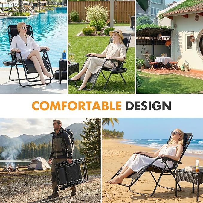 NEWBULIG Zero Gravity Chair Set of 2, Lounge Chair Folding Portable Adjustable Camping Reclining Chairs with Adjustable Pollow, Mesh Back, Cup Holder Trays Lawn Patio Chair for Pool Beach - Black NEWBULIG