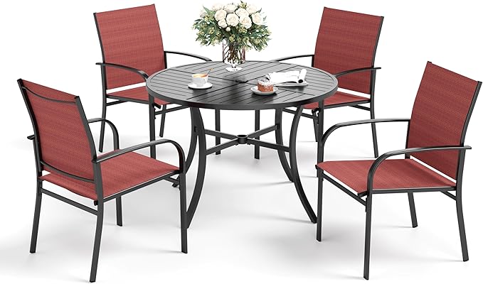 5 Piece Patio Dining Set for 4, 42" x 42" Round Metal Table with Umbrella Hole and 4 Red Chairs, Outdoor Table and Chairs Set for Lawn Backyard and Deck SUNSHINEVALLEY