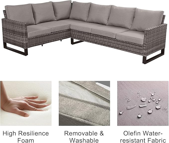 Belord Patio Sectional Furniture Set with Fire Pit Table: 8 Pieces Wicker Patio Conversation Set with L Shaped Sofa, Outdoor Swivel Glider Rocker, Rattan Ottomans, Removable Cushions Grey Belord